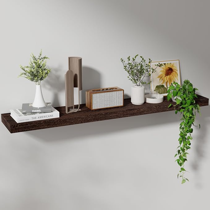 Axeman Floating Shelves, 8 Inch Deep Rustic Solid Wood Wall Shelves for Storage, Wall Mounted Display Shelving with Invisible Heavy-Duty Metal Bracket, 48" W x 8" D x 1.6" H, Rustic Brown