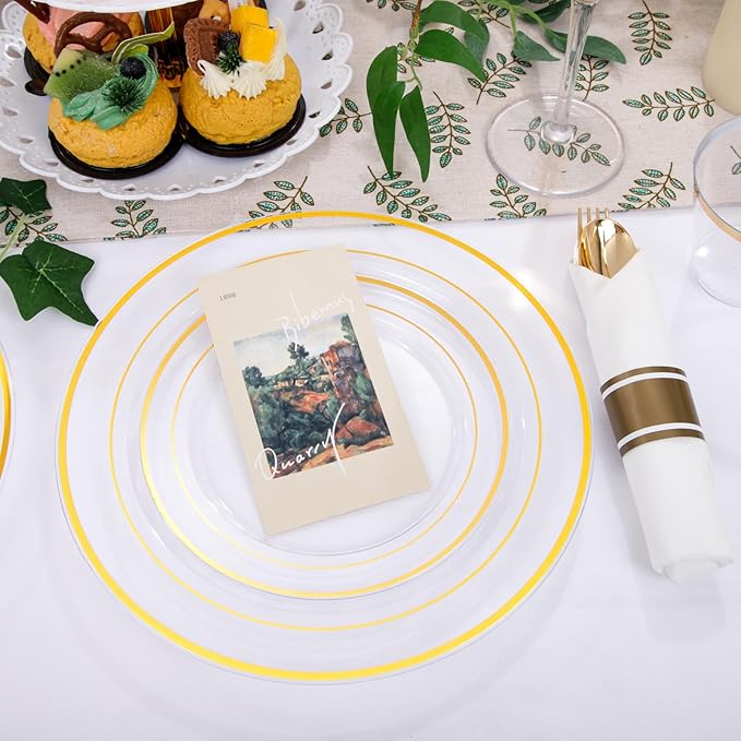 DaYammi 210PCS Clear Gold Plastic Dinnerware Set Christmas Plates Disposable Fancy Platos for Party Include: 30 Dinner Plates, 30 Dessert Plates, 30 Pre Rolled Napkins with Gold Silverware, 30 Cups