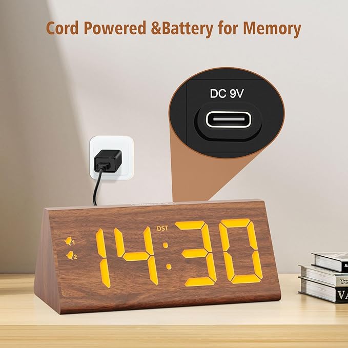 fomobest Wooden Digital Alarm Clock with Dual USB Charging Ports, DST, Dimmable, Snooze, Modern Large Time Display LED Clock for Kids Bedrooms, Living Room, Desk, Table, Bedside, Nightstand (Brown)