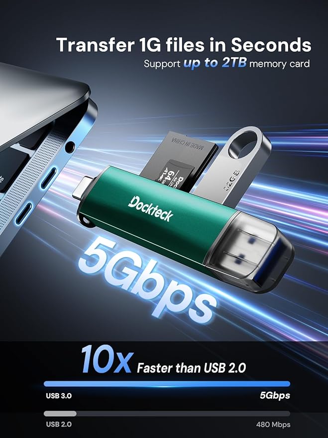 Dockteck SD Card Reader, 5G Super Speed USB3.0 SD/TF Card Reader, 3-Slot USB A/C to SD/Micro SD/USB A Memory Card Reader for UHS-I SD/Micro SD/SDHC/SDXC/MMC, Support OTG for Plug&Play,Green