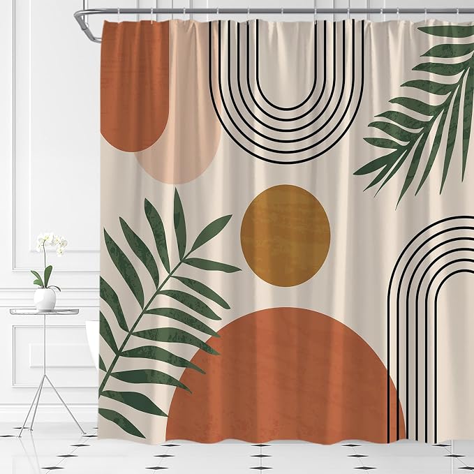 Mid Century Modern Shower Curtain Boho Beige Orange Abstract Retro Aesthetic Fabric for Bathroom Decor Bathtub with Hooks (70" WX84 H)