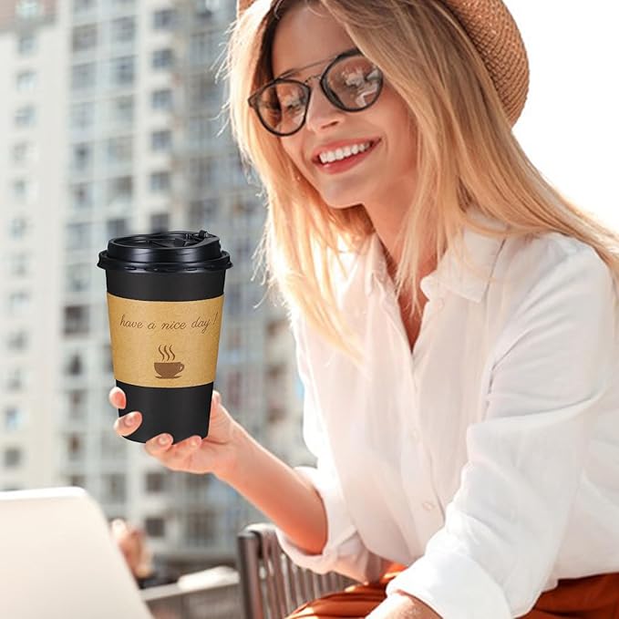 Lamosi 16 oz Coffee Cups with Lids 100 Pack, 16 oz Disposable Coffee Cup with Stir Sticks and Sleeves, To Go Hot Paper Cup for Home, Travel, Office