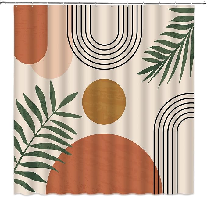 Mid Century Modern Shower Curtain Boho Beige Orange Abstract Retro Aesthetic Fabric for Bathroom Decor Bathtub with Hooks (59" WX70 H)
