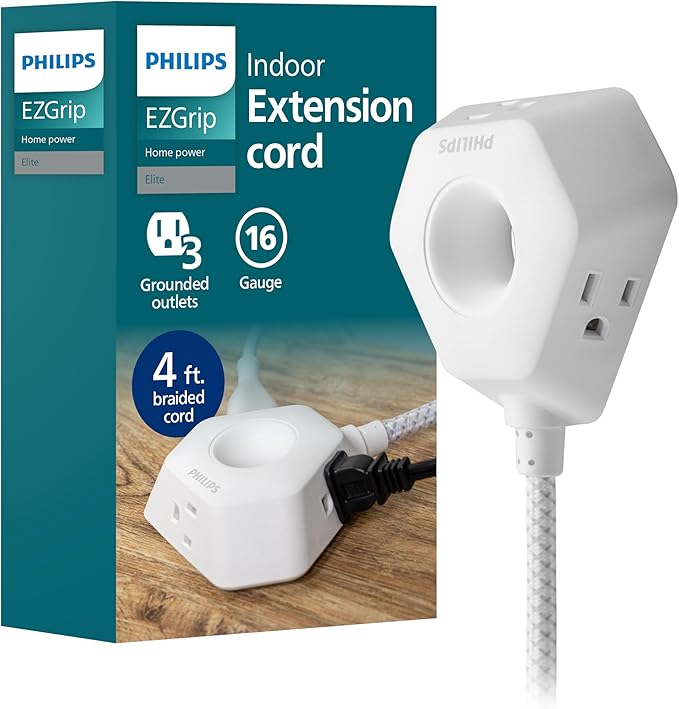 Philips EZGrip Indoor Extension Cord with Multiple Outlets, 3 Prong Grounded Cord, Short Extension Cord, Ergonomic Design, 16AWG, 4ft Braided Cord, ETL Listed, White, SPS3574W/37