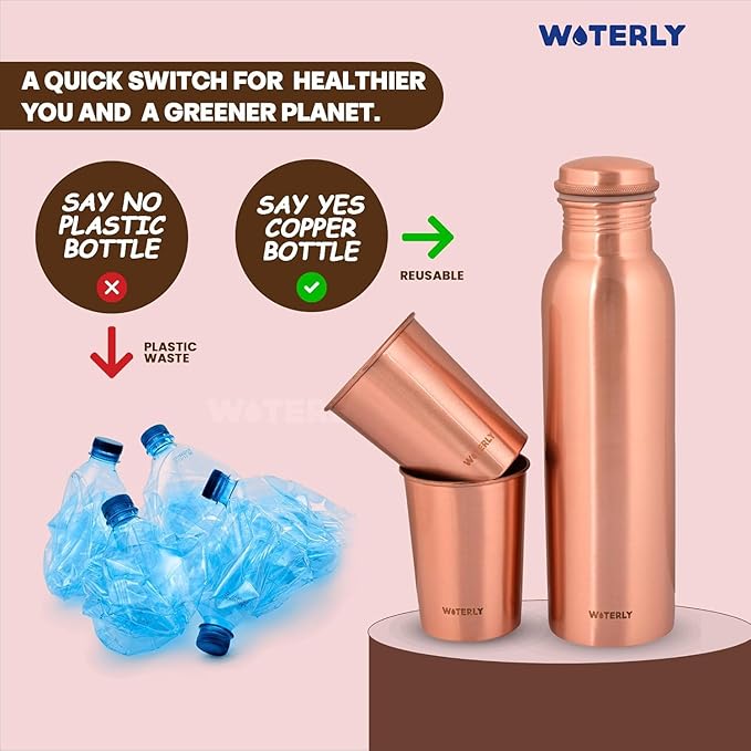 Plain Copper Water Bottle (34 Oz /1000ml) With Set Of 2 Tumbler (10 Oz/300ml Each) | Best use for Office,Gym & gifts |100% Pure Copper Material with Leak proof Quality Made In India