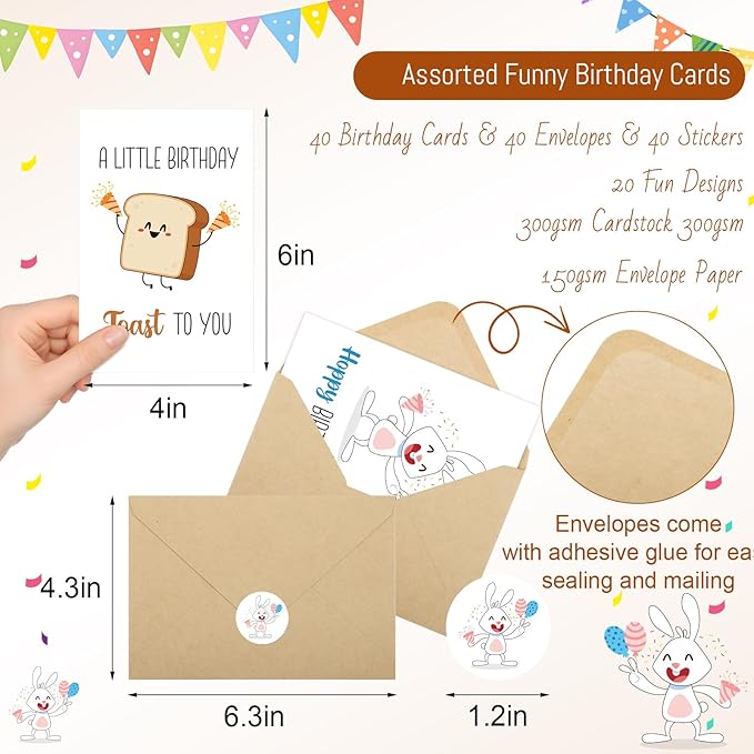 40 Birthday Cards with Envelopes & Stickers Set, 4"x6" Funny Bulk Birthday Card 20 Unique Designs Cute Handmade Greeting Card for Kids, Women, Friends, Family, Work & Office