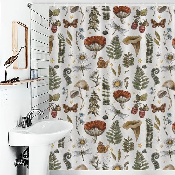 Mushroom Shower Curtain for Bathroom, Farmhouse Country Wild Floral Daisy Botanical Mushroom Cottagecore Nature Plants Herbs Retro Waterproof Fabric Shower Curtain Set with Hooks, 72"x78" Inch