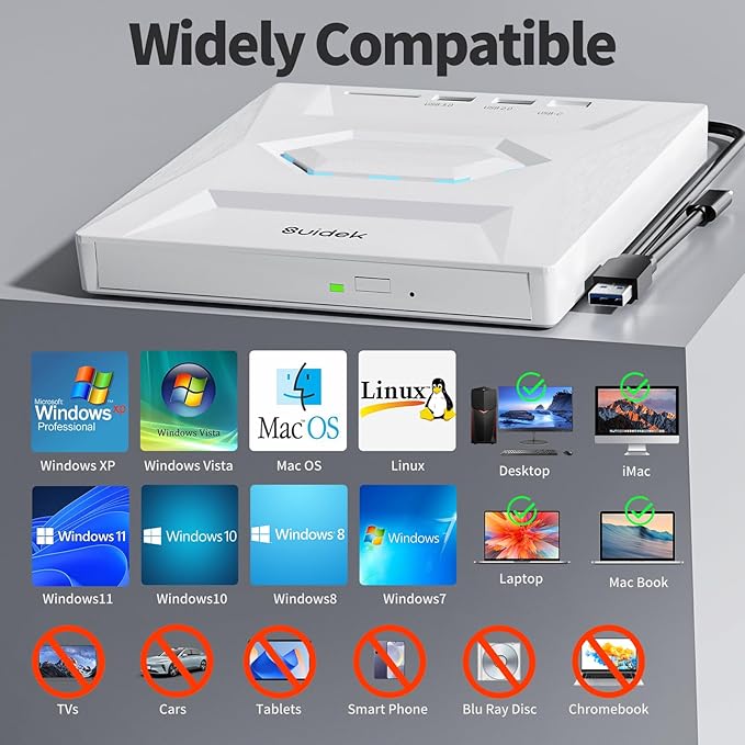 External CD DVD Drive, Ultra Slim Portable CD Player for Laptop CD DVD +/-RW Burner with SD Card Reader USB 3.0 Type C Hub Compatible with Laptop PC Windows Linux