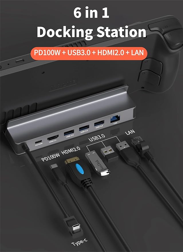 Diyeeni USB C Docking Station for Steam Deck & ROG Ally, 6-in-1 Dock with HDMI 2.0 4K@60Hz, Gigabit Ethernet, 3*USBA 3.0, 100W PD Fast Charging, Plug and Play