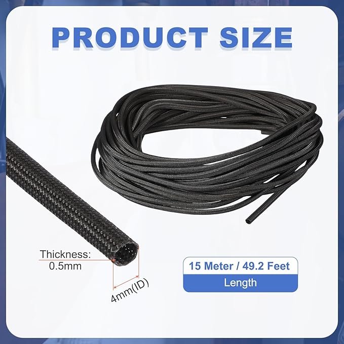 uxcell Insulation Cable Protector,4mm/0.16 Inch-15m/49 Feet High Temp Fiberglass Sleeve Black