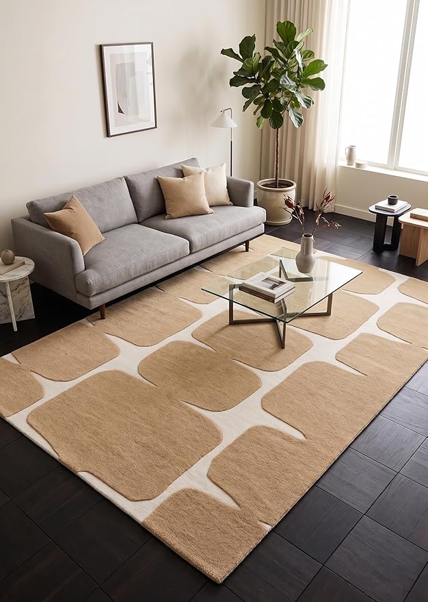 Restoration and Renovation Modern Wool Area Rug - Contemporary Abstract Geometric Design, Thick & Soft Hand-Tufted Carpet - Ideal for Indoor Decor in Living Room, Bedroom (Sand, 3' x 5')