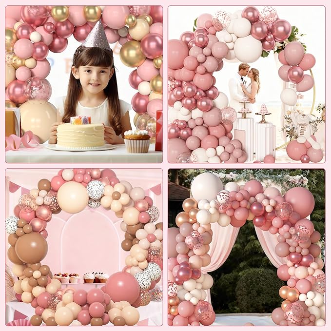 Amandir 153Pcs Boho Blush Balloon Garland Arch Kit, Double-Stuffed Nude Cream Peach Dusty Rose Pink Gold Confetti Metallic Balloon for Baby Shower Birthday Party Wedding Decorations
