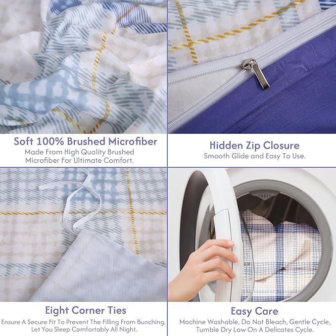 LONAVA King Plaid 3 Pcs Duvet Cover Set, Breathable Soft Microfiber Peri Lining Comforter Cover with Zipper Closure, and 2 Anti-Pilling, Fade Resistant Pillowcases, Blue Plaid