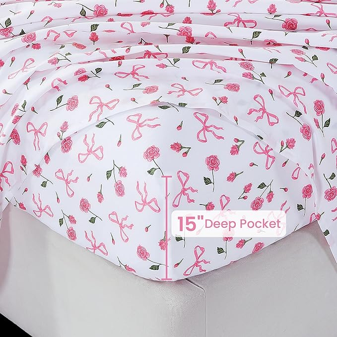 Softan Pink Floral Full Bed Sheets, Cozy Microfiber Flower Printed Sheets with 15" Deep Pocket Fitted Sheet & Non-Slip Straps, Patterned Pink Rose - Bow Sheets & Pillowcase Set