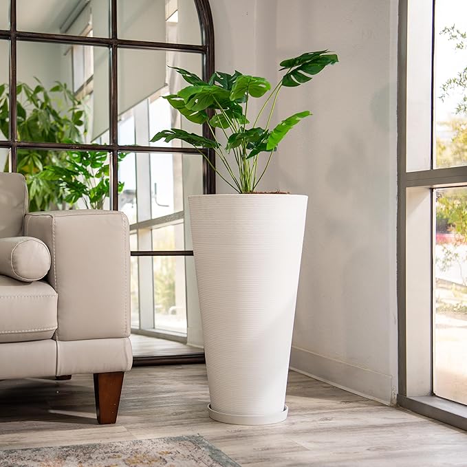 XBrand Modern 28-Inch Tall Round Planter, Modern Tapered Planter Perfect for Indoor & Outdoor Planter, Patio Décor, White
