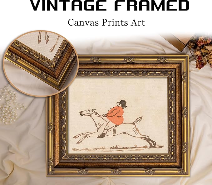 Vintage Gold Framed Hunting Equestrian Canvas Wall Art Horse and Rider Wall Decor Riding Horse painting Picture Retro Rustic Farmhouse print artwork for Farmhouse Bedroom Living Room 16X24in