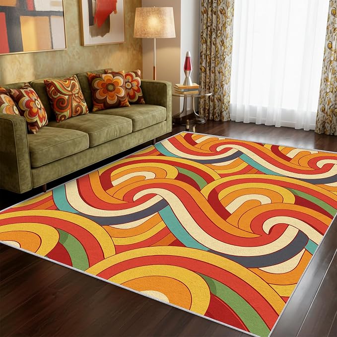 70s Retro Rug 5x8 Abstract Striped Groovy Hippie Pattern Area Rugs for Living Room, Bedroom, 70s Retro Home Decor Accessories Indoor Carpet, Non Slip & Machine Washable, GD0327