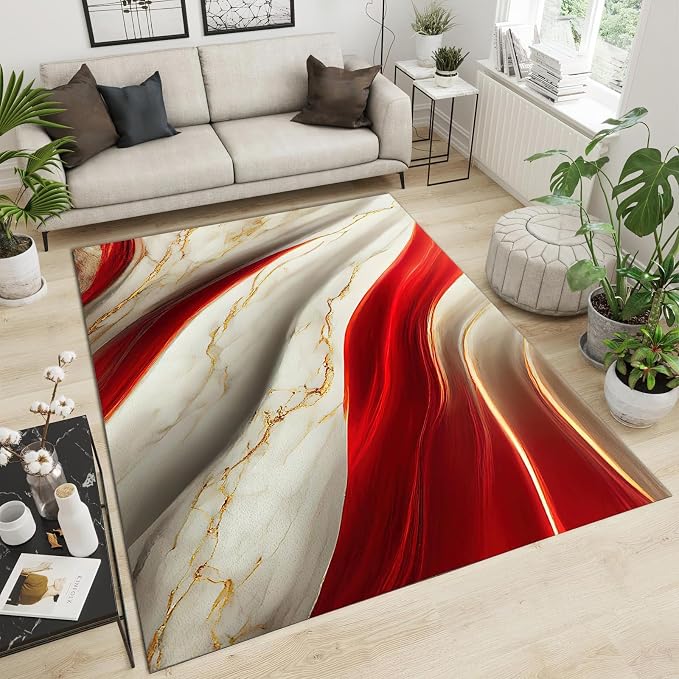 Marble Gilt Texture Red Area Rug, Luxury Marble Non Slip Throw Rug, Machine Washable Durable Carpet for Indoor Bedroom Living Room Office Decor Rug - 4 ft x 6 ft