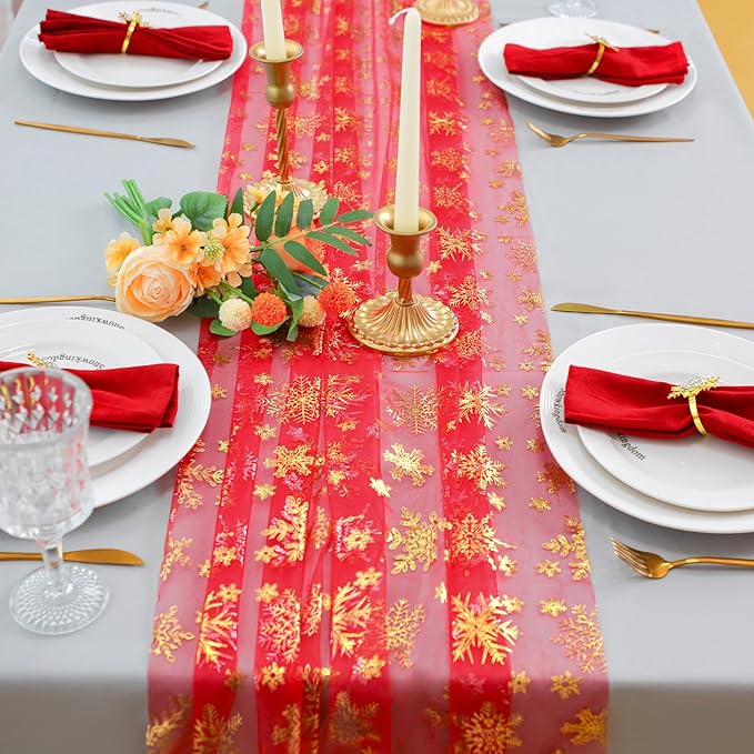 Snowkingdom Red Gold Snowflake Christmas Table Runner 120 Inches Long 10FT Sheer Tulle, Golden Snowflakes Xmas Seasonal Winter Kitchen Dining Holiday Wedding Table Decor for Home Party