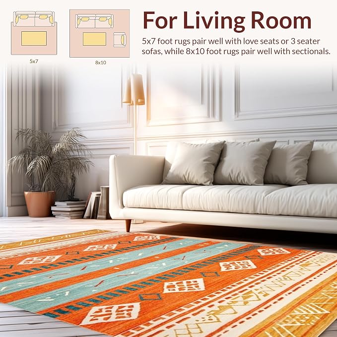 Flatwoven High Traffic Area Rug 5x7, Boho Abstract, Non Slip, Stain Resistant, Washable Area Rugs for Living Room, Bedroom (Orange, 5x7)