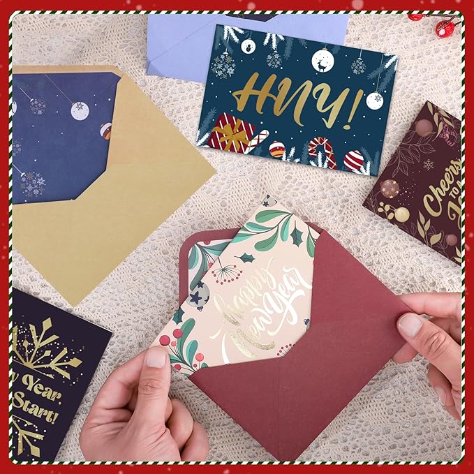 Thboxes New Year Cards with Envelopes, 36 Pack 4x6in Happy New Year Greeting Cards, Gold Foil Happy Holiday Card with Stickers, Christmas Card, 6 Assorted Design