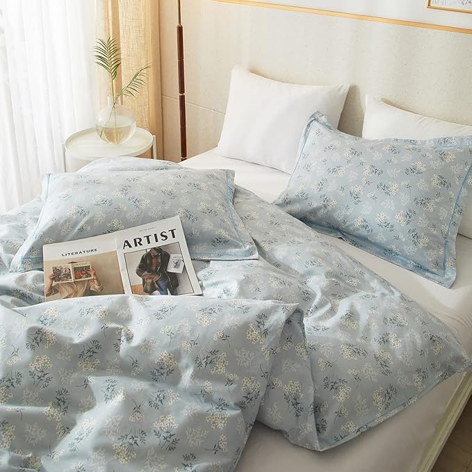 Blue Floral Comforter Set for King Bed Blue Flowers Comforter King Set,Boho Style Comforter with 2 Pillowcases,Shabby Chic Bedding Comforters for All Season,Comfy,Fluffy