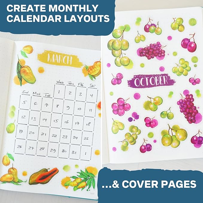 Monthly Calendar Planner Stickers - 12 Transparent Sticker Sheets with Beautiful Fruit Illustrations, Undated Calendar Stickers, Supplies for Planners or Bullet Journals