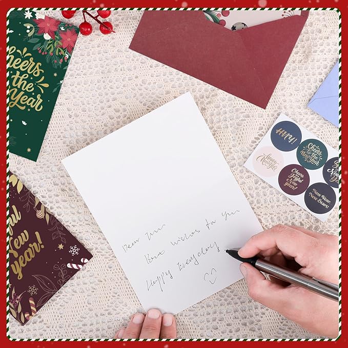 Thboxes New Year Cards with Envelopes, 36 Pack 4x6in Happy New Year Greeting Cards, Gold Foil Happy Holiday Card with Stickers, Christmas Card, 6 Assorted Design