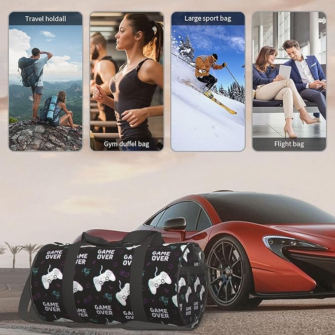 Unique Sports Gym Bag Workout Lightweight Duffel Bags Cool Video Games Joystick Game Over for Men and Women