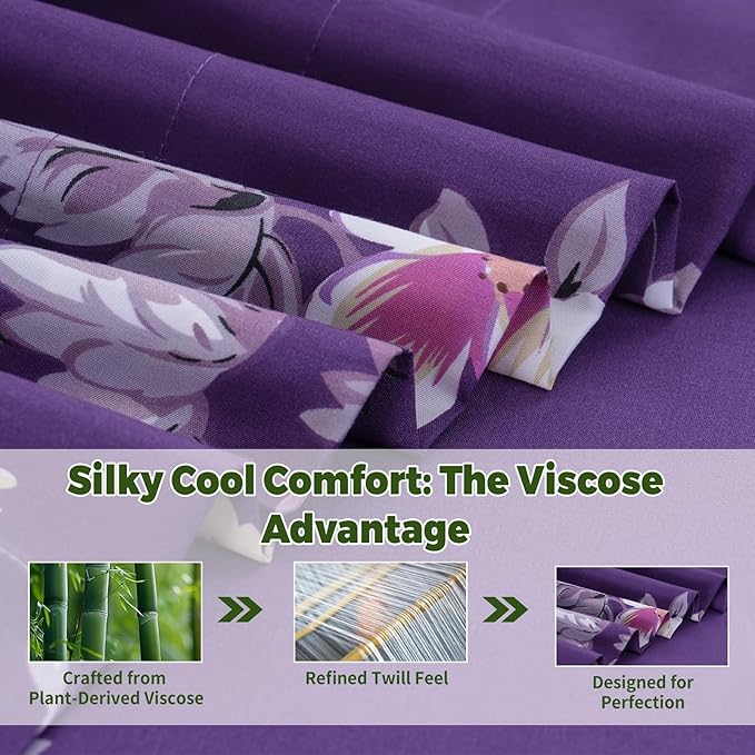Bedlifes Twin Floral 3-Piece Sheet Set - Cooling Sheets Blend Rayon Derived from Bamboo,Soft & Breathable, Deep Pocket 16", Wrinkle Resistant - Vibrant Boho Floral Dark Purple
