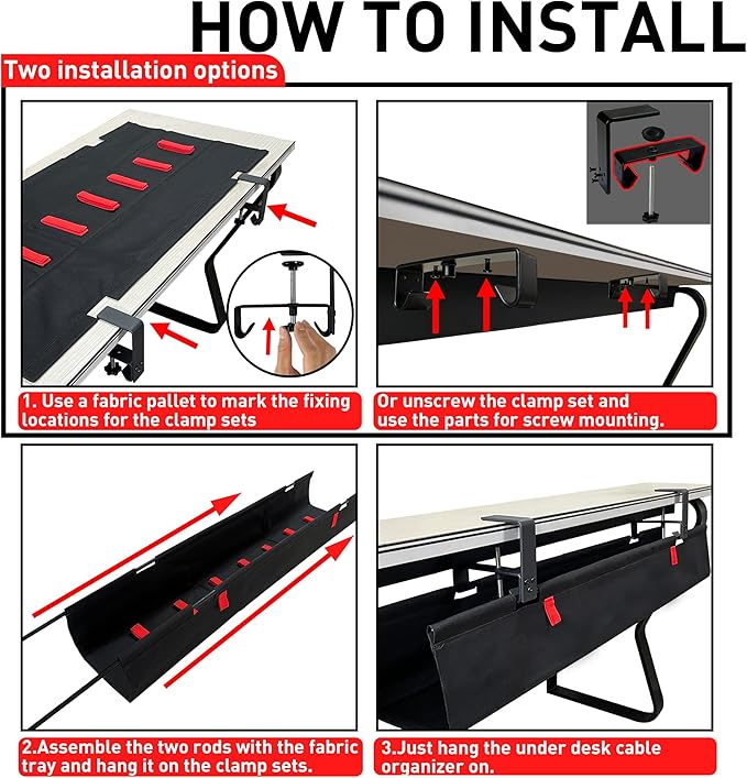 [Upgraded] Under Desk Cable Management, 28" Cord Organizer, with Silicone Pads (No Scratch!), 16 Cable Ties, Washable PE Honeycomb Base,Fits Any Desk 0-2.1", No Stinky Cardboard!Black
