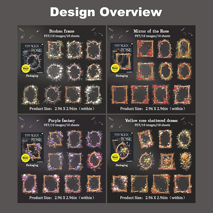 AuriicLeaf Broken Mirror Frame Stickers Set, 40PCS Gothic Rose PET Scrapbook Supplies for Journaling, DIY Crafts, and Planners