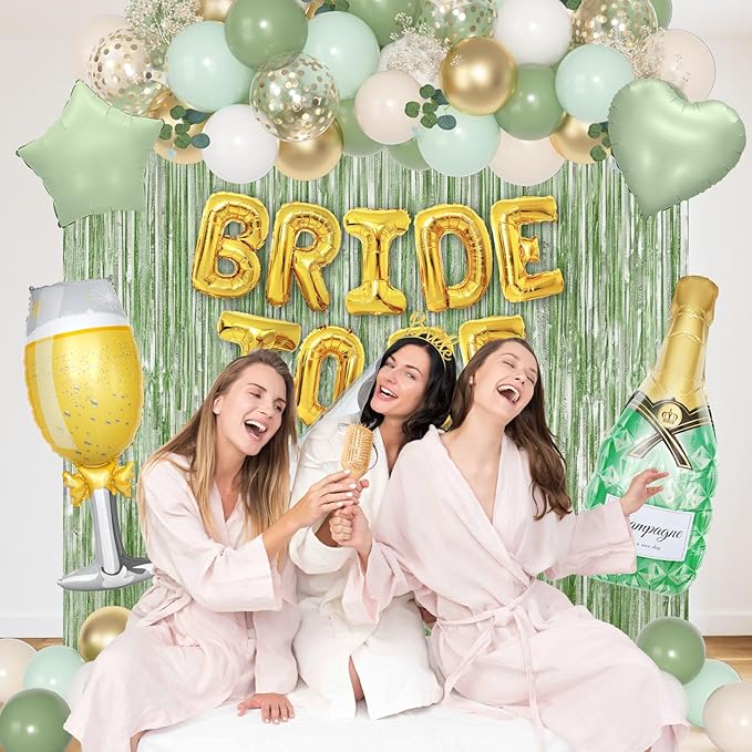 Ouddy Life Sage Green Bachelorette Party Decorations, Bride to Be Bridal Shower Decoration with Crown Champagnes Wineglass Heart Foil Balloons, Veil Sash, Fringe Curtains Engagement Wedding Supply