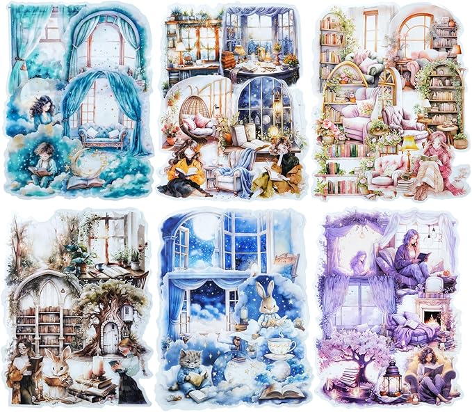 AuriicLeaf Night Reading PET Sticker Set, 90PCS Calming Scenes for Scrapbooking, Journal Supplies, and DIY Crafts