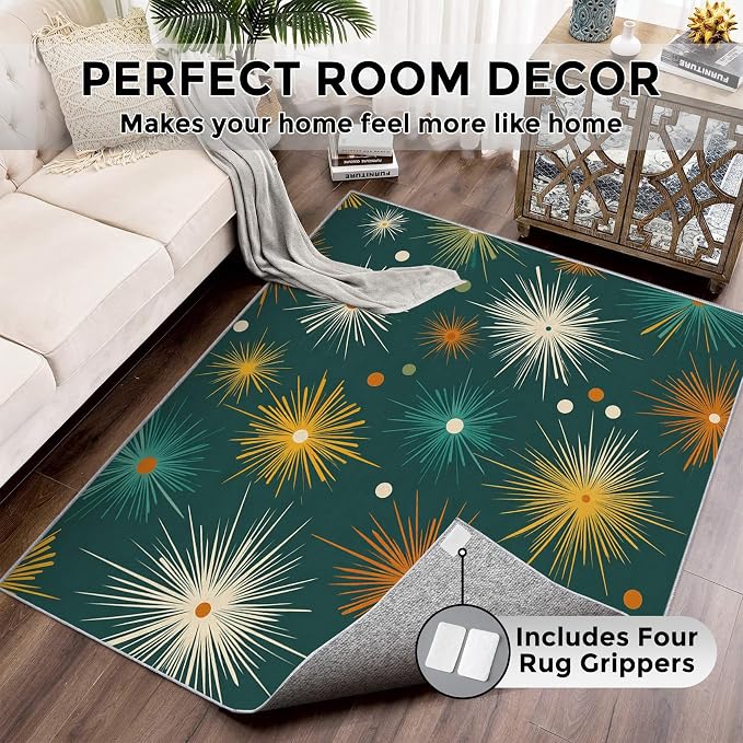 Abstract Atomic Rugs for Living Room Decor, 3x4 ft, MCM Geometric Starburst Area Rugs for Bedroom, Soft Non Slip Washable Mid Century Modern Carpet Home Decorations D-g48