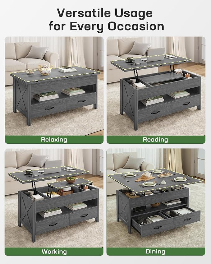 Marsail 40" Lift Top Coffee Table, 4 in 1 Coffee Table with Hidden Compartment, 1 Open Shelf and 2 Drawers, Multifunctional Farmhouse Center Table for Living Room and Home Office, Gray