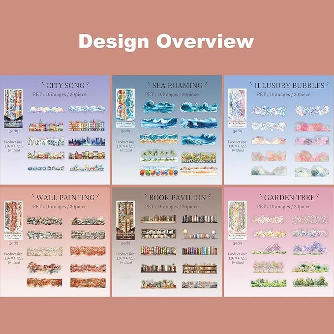 AuriicLeaf PET Scrapbook Stickers Set, 120PCS Journaling Supplies with 6 Themes Book Wall Ocean City Tree Bubble Decorative Stickers for DIY Crafts and Planners