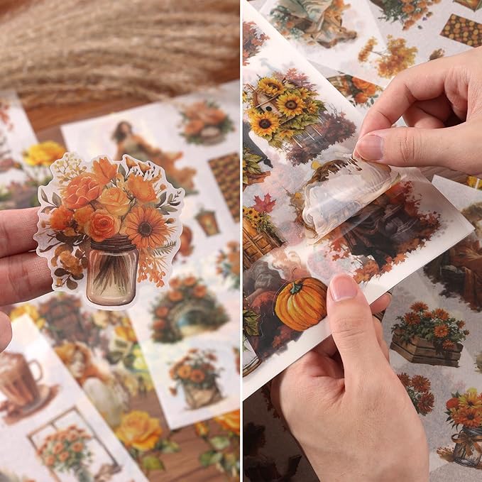 Auguro Scrapbook Stickers 20 Sheets 240 Pre-Cut Washi Stickers for Journaling PET Transparent Book Sticker Sunflower Sticker Decorative or DIY Paper Crafts, Arts and Crafting Projects