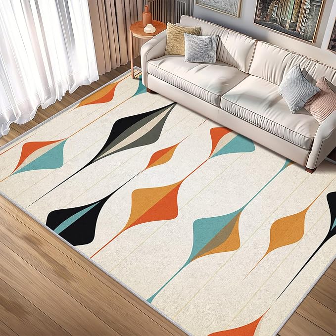 Mid Century Modern Rug 7x7, Washable Retro Geometric Rugs for Living Room Bedroom, Minimalist Area Rug for Home Decor, Non Slip Backing Floor Carpet with Gripper - 7 x 7 ft