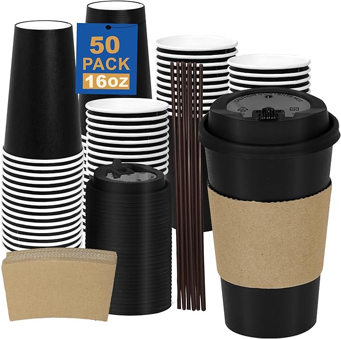 Coolcap 16 oz 50 Pack Coffee Cups with Lids and Sleeves, Straws, Hot Disposable To Go Travel Paper Cups Bulk for Office, Home Coffee Bar Accessories, Chocolate, Cocoa, Beverage (Black)
