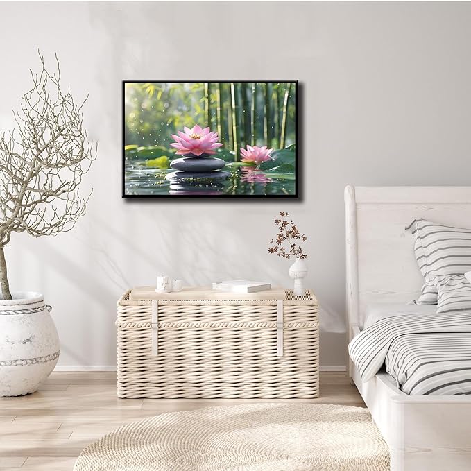 Ethereal pink lotus on obsidian Sunlit bamboo forest with sparkling water drops Poetic nature inspired wall art for tranquil homes and mindful spaces 12x18in Metal blackFramed