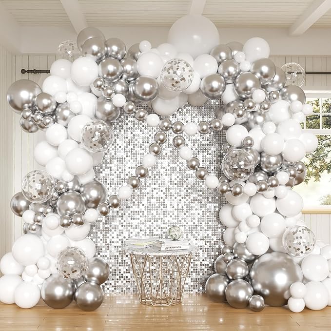 162pcs White and Silver Balloons Arch Kit, Different Sizes White Metallic Silver and Confetti Balloons for Winter Wonderland Wedding Baby Shower Birthday Party Decorations