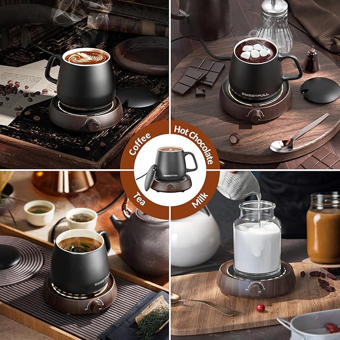 SWEETFULL Mug Warmer for Coffee and Tea Coffee Mug Warmer Set W/Mug and Lid Coffee Warmer As Coffee Gifts for Desk Office Coffee Lovers. （20W Cup Warmer Candle Warmer Auto Shut Off） (Wood Grain)