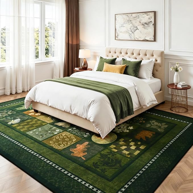 Tepook 4x6 Area Rugs for Living Room, Modern Large Geometric Rug for Bedroom, Washable Patchwork Rug Indoor Non Slip Throw Carpets for Dining Room Office Farmhouse Home Decor, Dark Green
