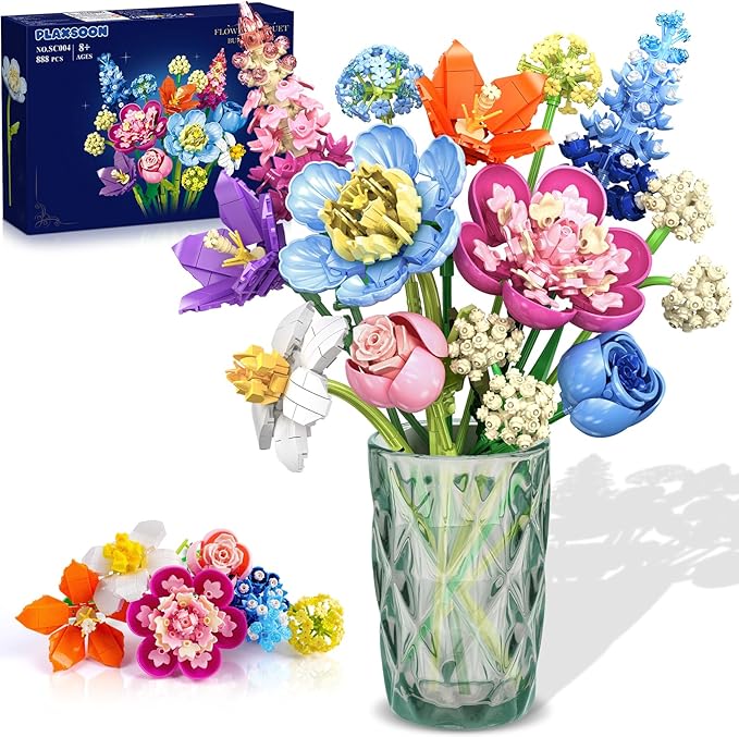 Flower Bouquet Building Set, 888 PCS Botanical Collection Building Block Toy, Flowers Rose Plant Home Decor, Valentine's Day Christmas Birthday Gift for Adults Women Boys Girls 8+