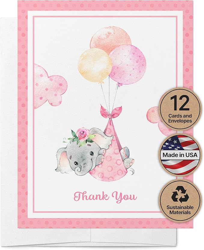 Twigs Baby Shower Thank You Cards with Envelopes - 12 Set Baby Shower Cards for Girl, New Baby Congratulations Cards, Welcome Baby Card, Made in the USA - Pink Elephant Designs, 5.5 x 4.25 Inch Size