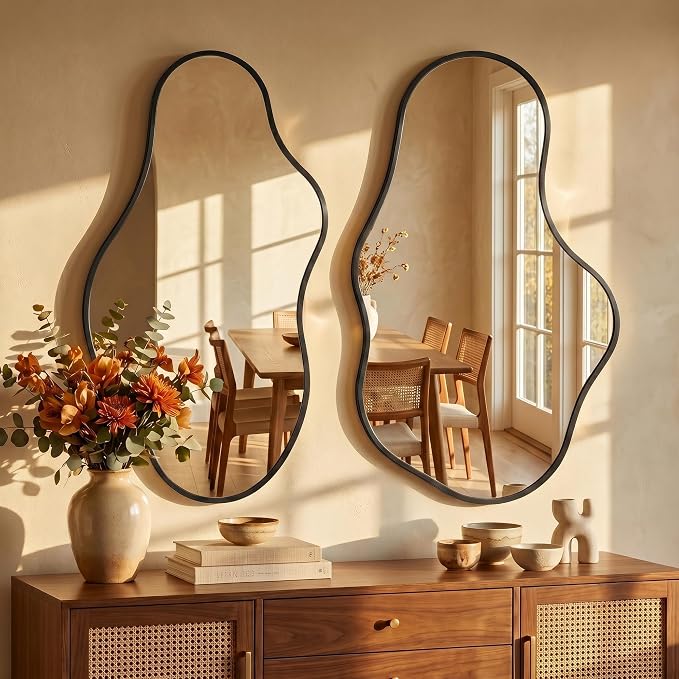 Dorlicecass Bathroom Mirrors for Over Sink - Long Wall Mirrors Decorative 24"x 43" Asymmetrical Abstract Aviation Aluminum Alloy Frame Unique for Bedroom, Living Room, Cloakroom, Entryway Black