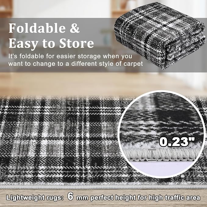 Large Area Rug - 10x13 Modern Black/Grey Plaid Rug for Bedroom, Living Room, Dining Room - Soft, Non-Slip, Low Pile, Stain Resistant Carpet