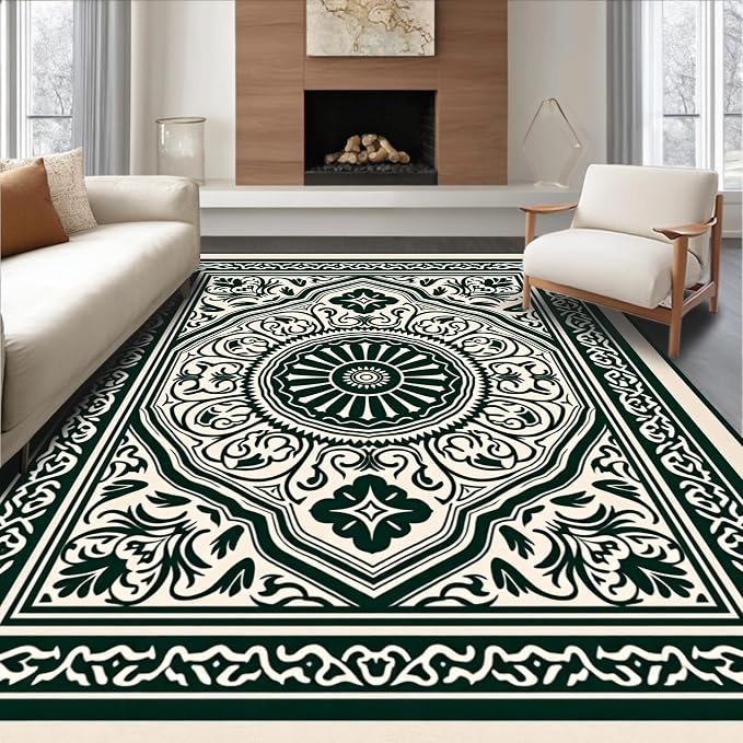 Flatwoven Area Rug 6x9 ft, Boho Medallion Ornate Symmetrical Accent, Non Slip, Stain Resistant, Washable High Traffic Area Rugs for Living Room, Bedroom Decor