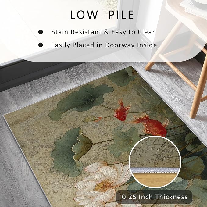 Lotus Flower Runner Rug 2x6, Koi Fish Design, Asian Art Area Rug Washable Hallway Rugs Non-Slip Floor Carpet Runner for Bedroom, Narrow Hallway, Kitchen Aisle